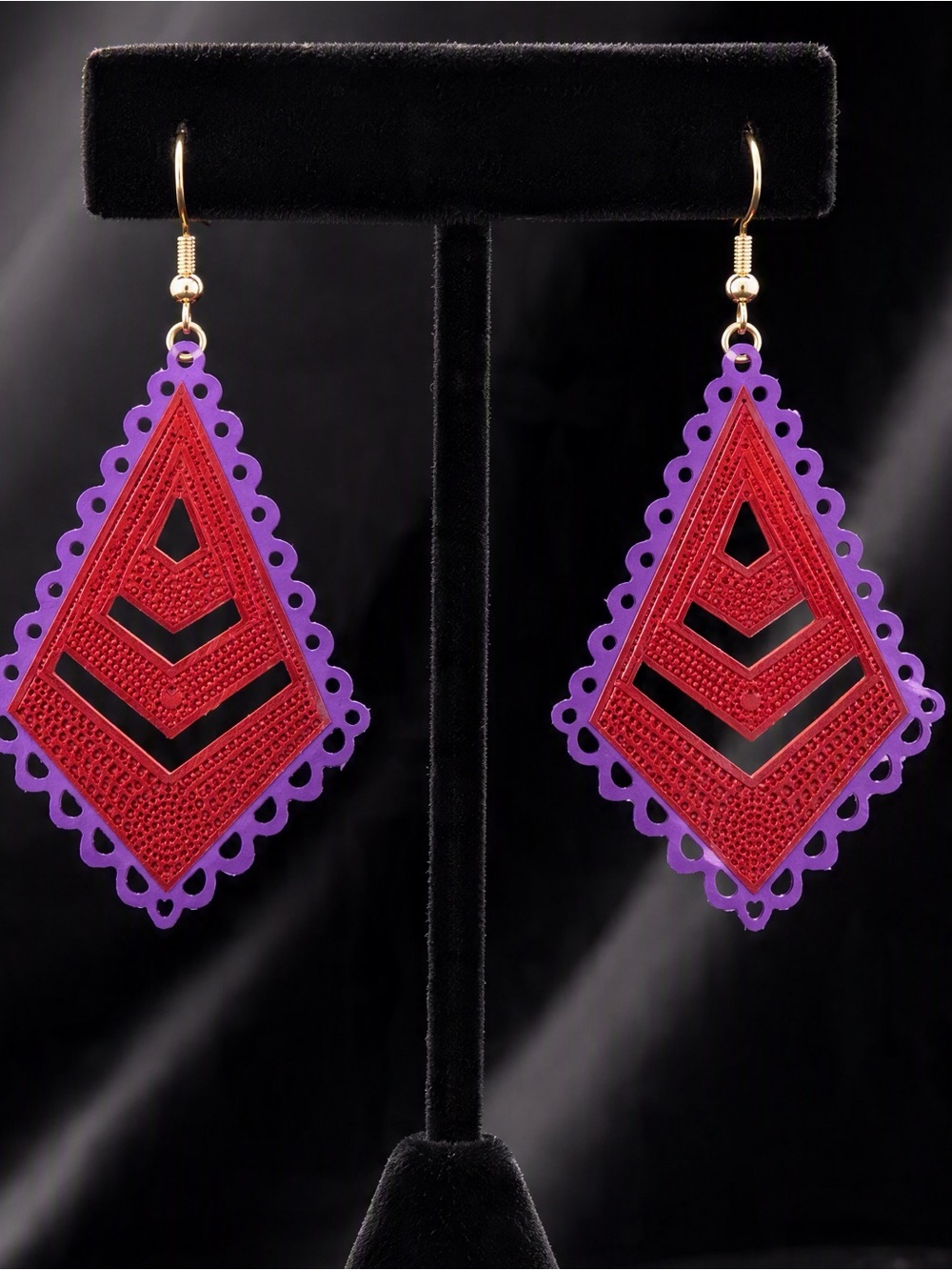 Red & Purple Layered Geometric Statement Dangle Earrings